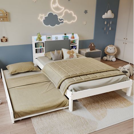 Cama de madera 120x200 cm con cama nido 90x190 cm, blanca OKMYHOME (1/5)