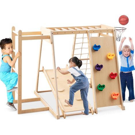 COSTWAY 6 in 1 Set da Arrampicata per Bambini in Legno, Parco Giochi con Scivolo Arrampicata Canestro da Basket Barra e Rete di Corda, Scala e Accessori, 3-14 Anni (Naturale) (1/5)
