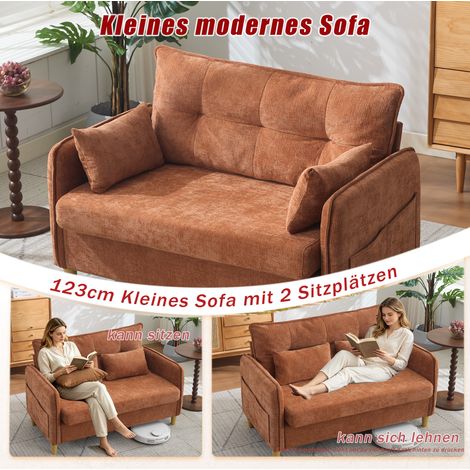 Petit canapé deux places de 127cm avec accoudoirs intégrés, tissu Polyester doux, poches de rangement latérales, montage très simple couleur marron (1/4)