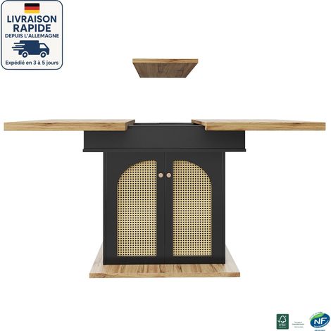 MODFU - Mesa de comedor extensible para 4-6 personas 110-140×80cm con almacenaje, mesa de cocina y salón, MDF, 2 puertas, natural+negro (1/5)