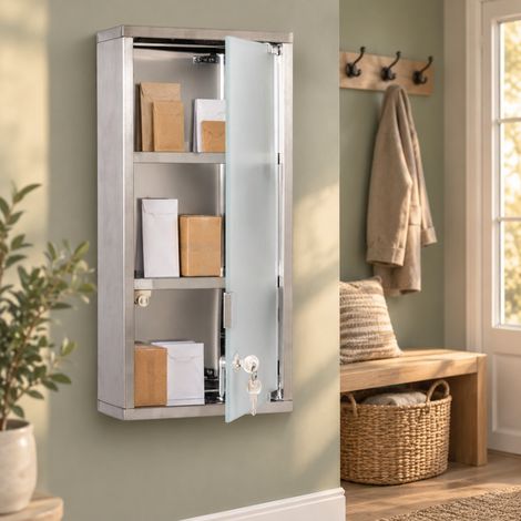 Armadietto porta medicinali da parete chiudibile 25 x 12 x 48 cm argento DESVIAE (1/5)