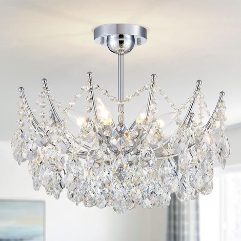 Crystal Lustre 6-Lumière Pendentif Lumière de plafond Lumière d'éclairage moderne pour chambre Couloir Bar Cuisine Salle de bains, H 48,7 x L 50, Base E14, Blanc antique (1/5)