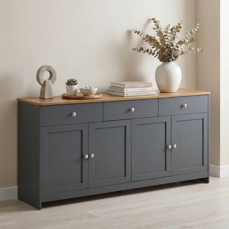 Buffet 160 cm, avec 3 tiroirs, 4 portes, 2 étagères réglables, style campagne, armoire de salon chambre de rangement en bois - Noir (1/5)