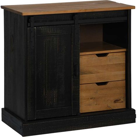 Buffet Meuble de rangement HALDEN porte coulissante noir 80x40x80 cm bois massif (1/5)