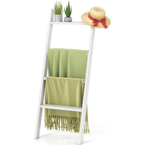 Échelle Porte Serviette Inclinée à 4 Niveaux, Étagère Salle de Bain en Bois de Pin, 50 x 7,5 x 136,5 cm, Blanc (1/5)