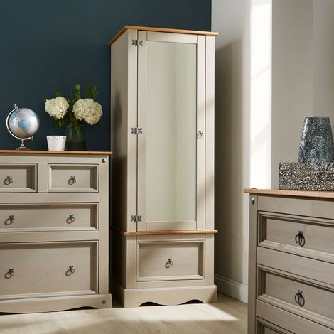 Grey Corona Pine Armoire Wardrobe 1 Door Mirrored 1 Storage Drawer Solid Wood