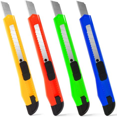 Lot de 4 Cutters, Cutter à Lame Segmentée de 9 mm, Cutter Rétractable pour Ouvrir Paquets et Cartons, Ouvre-Carton, Couteau Jetable Type Exacto (1/5)