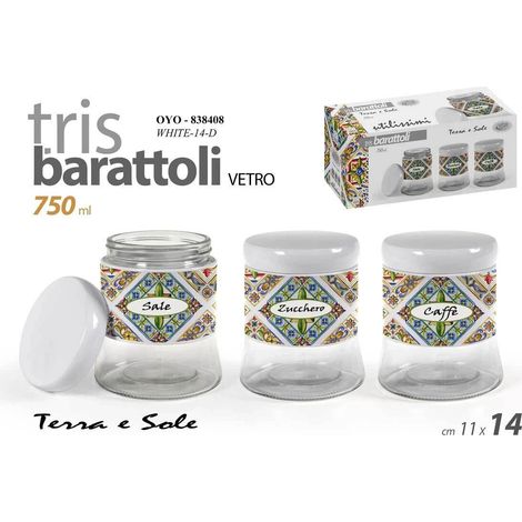 Set barattoli sale zucchero caffè tris 3 contenitore metallo terra e sole 750 ml
