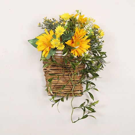 Panier Suspendu - Couronne Murale en Fausses Fleurs - Tournesol et Gypsophile - Décoration Porte ou Mur - 1 Pièce (1/5)