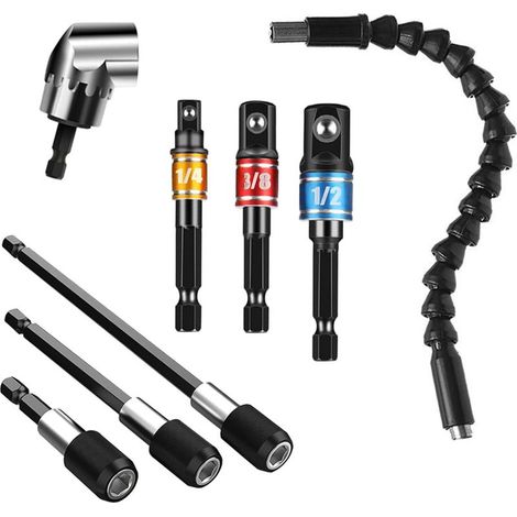 8 pcs Kit Extension Forets 1pcs Rallonge Flexible Tournevis et 105° Tournevis Flexible 3 pcs Porte-Embouts Pivotant 3 pcs angle Socket Adapter 1/4" 3/8" 1/2" (1/5)