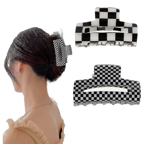 Lot de 2 pinces à cheveux banane pour femmes et filles, design vintage classique noir et blanc à motif treillis. (1/5)