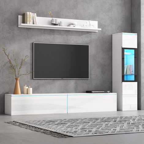 Mobile TV sospeso bianco con illuminazione LED, vetrina e libreria sospesa (1/5)