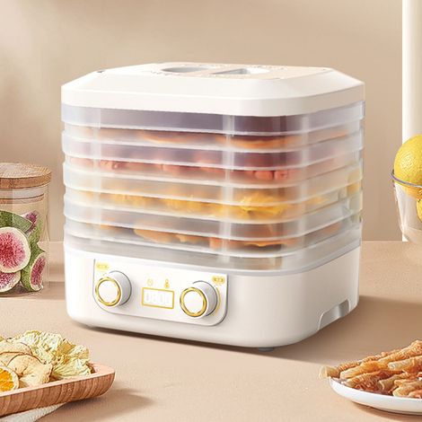 Essiccatore per alimenti a 5 livelli, bianco, con timer e controllo della temperatura regolabile per frutta, verdura e carne, spina europea 220V. (1/4)