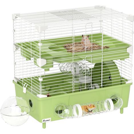 Cage pour hamster à 2 niveaux avec roue de course salle de bain en sable pour hamster nain 44,5 x 28 x 44 cm vert (1/5)