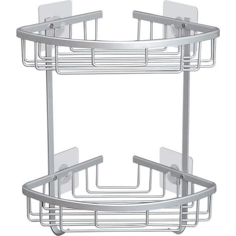 Étagère d'angle de douche salle bain caddie organisateur rangement adhésif panier en sans perçage 2 niveaux Aluminium Argent (1/5)