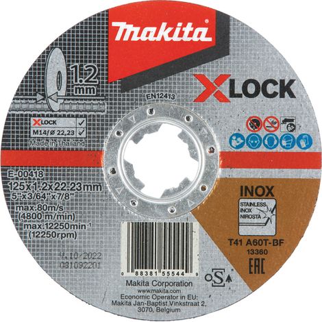 Makita – Disque à tronçonner 125 mm 1,2 mm A60T X-LOCK pour acier inoxydable et acier dur – Vitesse max 12 250 min-1 – E00418