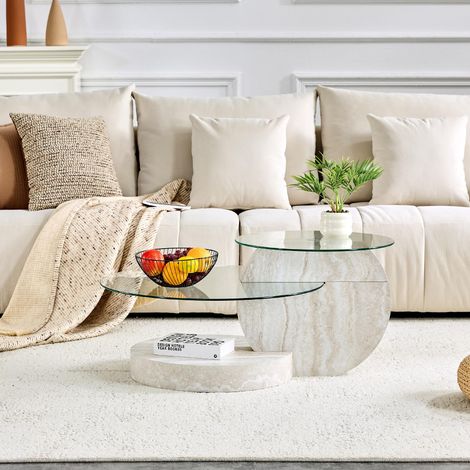 Table basse minimaliste moderne en verre de sécurité double couche, design à plusieurs niveaux, structure de support en MDF de haute qualité avec finition imitation noyer. Plusieurs coloris disponible