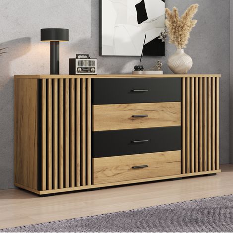 Credenza 140 x 35 x 70 cm in MDF, 4 cassetti, 2 ante, nero e legno naturale DESVIAE (1/5)