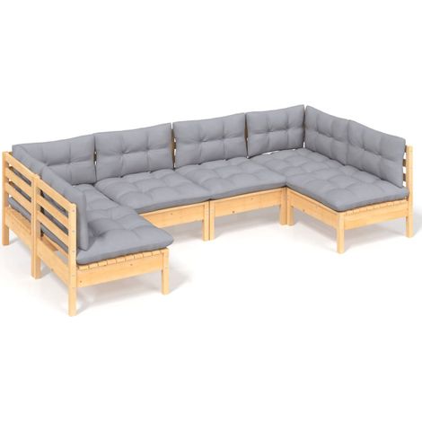 Salon de jardin 6 pcs Ensemble Table et Chaise de Jardin - avec coussins gris Bois de pin massif BV425342 - BonneVie (1/5)