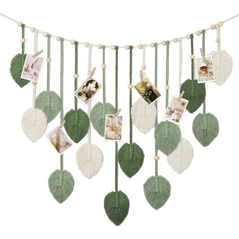 Decoración de pared de macramé con cuentas de madera y hojas tejidas en verde y beige para sala de estar, dormitorio o apartamento. (1/4)