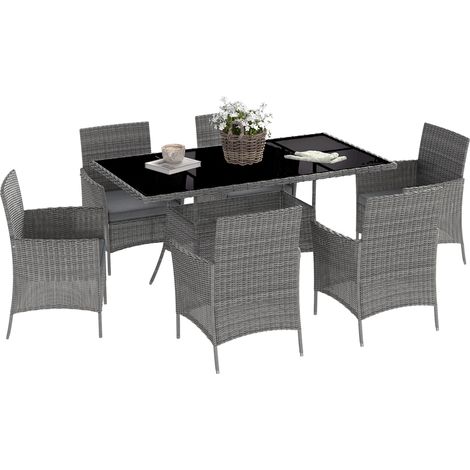 Outsunny 7-Piece Rattan Garden Furniture Set with Cushions, 6 Seater Garden Table and Chairs, Rattan Dining Set with 6 Armchairs, Rectangular Glass Top Table, Charcoal Grey