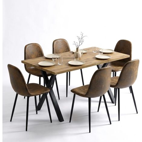 FurnitureR 7-Piece Dining Set, 140CM Natural Wood Rectangular Table & 6 Brown Suede Chairs (1/5)