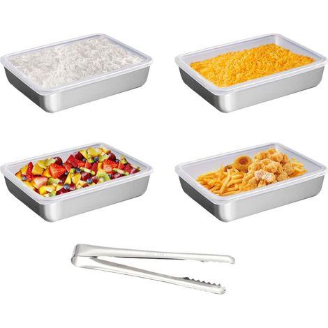 4 Pièces Bac de Cuisson en Inox,25x20x5cm Acier Inoxydable,Plateau Rectangulaire Avec Pinces,Couvercle Silicone,Four Lave-vaisselle