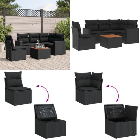 Salon de jardin 6 pcs avec coussins noir résine tressée - Ensemble Salon De Jardin - Mobilier De Jardin - Canapé Extérieur - Set De Jardin - Chaise Lounge - Home & Living