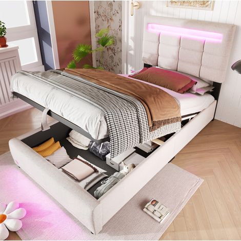 Lit coffre rembourré en lin beige 90x200 cm avec LED 16 couleurs, port USB et rangement hydraulique (1/5)