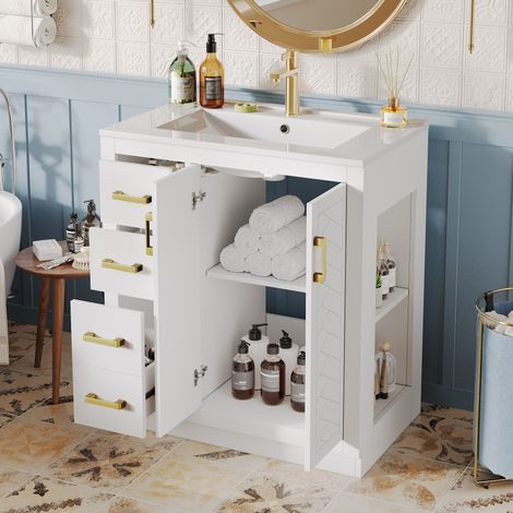 Meuble vasque 76,5x46,5x84,5 cm en MDF et céramique blanc, rangement, pour salle de bains – MEUBLIV (1/5)