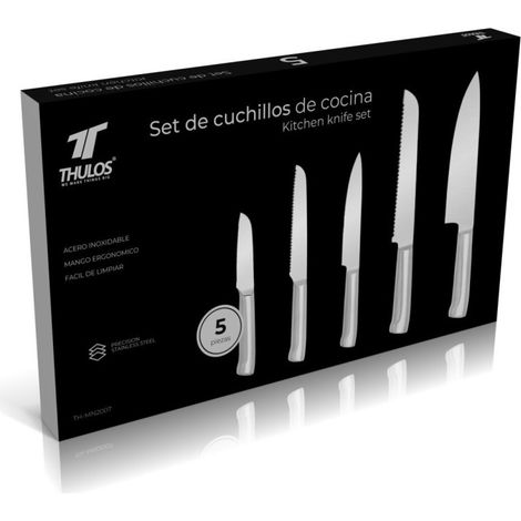 Set di 5 coltelli in acciaio inossidabile  Manico ergonomico e antiscivolo  Coltello da chef, per il pane, per intagliare, mul (1/5)