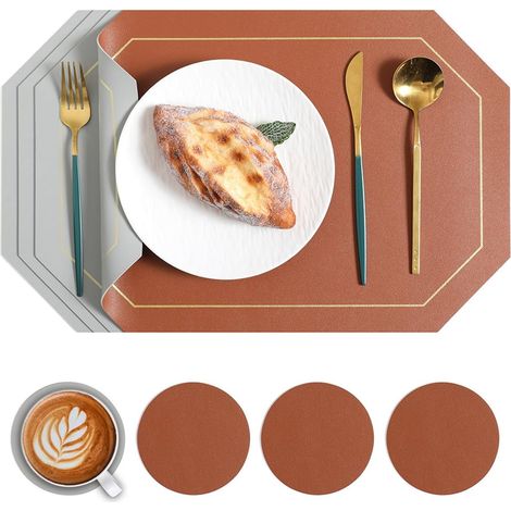 Set mit 4 waschbaren, wasserdichten und hitzebeständigen Tischsets aus PVC-Kunstleder – doppelseitig – Außenseite aus Leder, inklusive 4 rutschfester Untersetzer – 43 x 30 cm