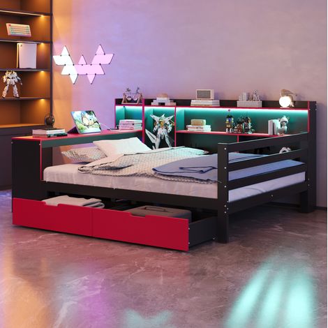 MEUBLIV Lit gigogne en bois 140 x 200 cm – Sommier à lattes – Rangement intégré – Ports de charge USB et LED (1/5)