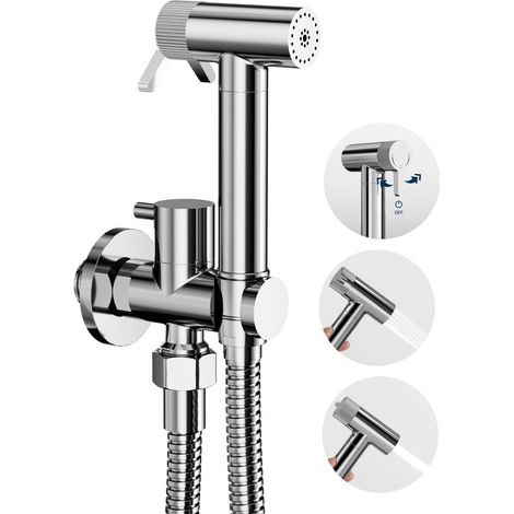 Doccetta per bidet,doccetta wc Cromo,2 Modo de Agua, Non c'è bisogno di premere, basta ruotare per regolare la modalità,Doccino per Bidet Bagno,con supporto e tubo flessibile,Ottimo per pulizia bagno (1/5)