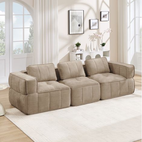 Divano modulare 3 posti marrone in tessuto, senza struttura, seduta profonda, schiuma ad alta densità 32D, 271x93x67 cm (1/5)