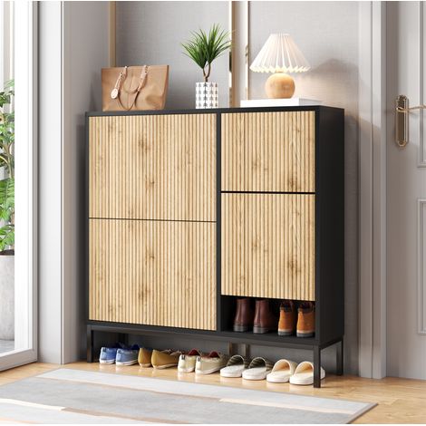 Mobile portascarpe 100x25x100 cm nero e naturale in MDF con panca estraibile e vani aperti (1/5)