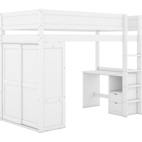 Cama alta infantil 90 x 200 cm con escritorio, armario y cajones, blanca, HOMVRA (1/5)