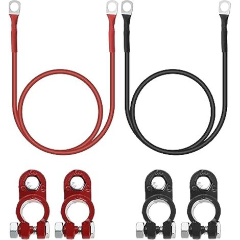 1 paire de bornes de batterie en alliage d'aluminium rouge et noir avec câbles de batterie 10 AWG pour automobile, bateau, solaire, camping-car et moto (1/4)