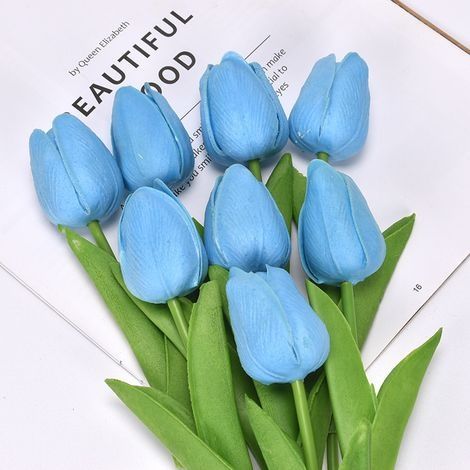 Lot de 10 tulipes artificielles 34 cm pour intérieur ou extérieur, décoration de mariage, cuisine, bureau, café, maison (Bleu) (1/4)