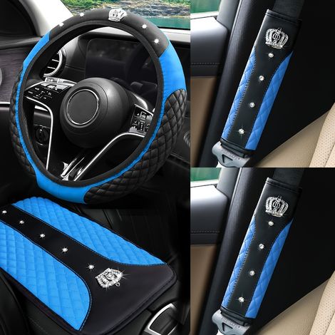 Set d'accessoires intérieurs de voiture en simili-cuir Bling Crown : Kit universel antidérapant de housse de volant de 6 pièces, de 37 à 38 cm, pour rafraîchir la décoration de votre voiture (1/5)