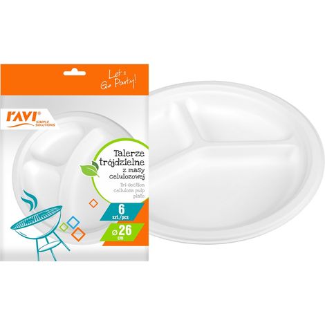 Platos desechables de tres piezas fabricados en pulpa de celulosa, 26 cm de diámetro, 6 unidades, color blanco. (1/2)