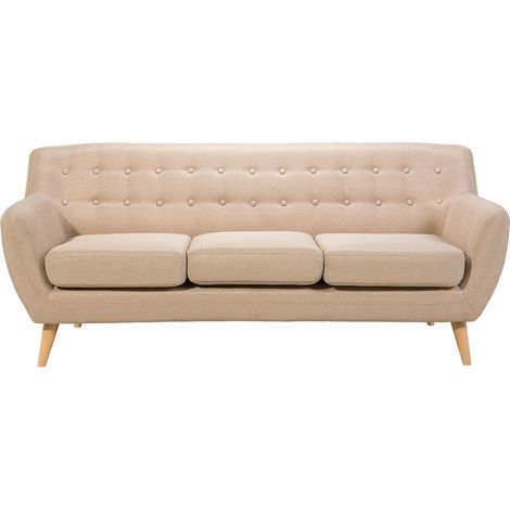 Divano 3 Posti Imbottito Tessuto Beige Schienale Trapuntato Gambe in Legno Motala