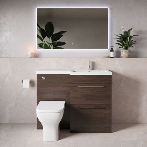 Napoli 390 Brown Oak 1100mm 2 Drawer Vanity Unit Toilet Suite with Square Right Hand Lucia Basin - 1100mm - Chrome 320mm HandleWith Kingston Toilet Pan and Seat