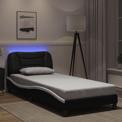 Cadre de lit LED 90 x 190 cm en similicuir noir et blanc avec tête de lit, sans matelas - PANGIVO (1/5)