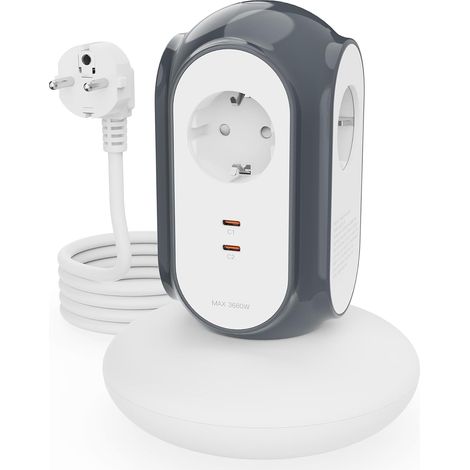 Multiprise Tour 3 Prises AC + 2 USB-C (30W), 3680W/16A, Protection 1420J, Base Anti-basculement, câble 2 m, Protection Contre Les surcharges, Compatible Type C/E/F (Gris Basalte) (1/5)