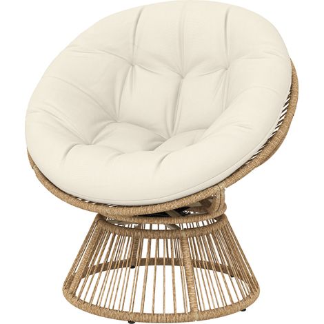 Papasan-Sessel, 360° drehbar, Gartenstuhl, Kunstharz, 12 cm dickes Kissen, 93 x 81 x 87 cm, Natur