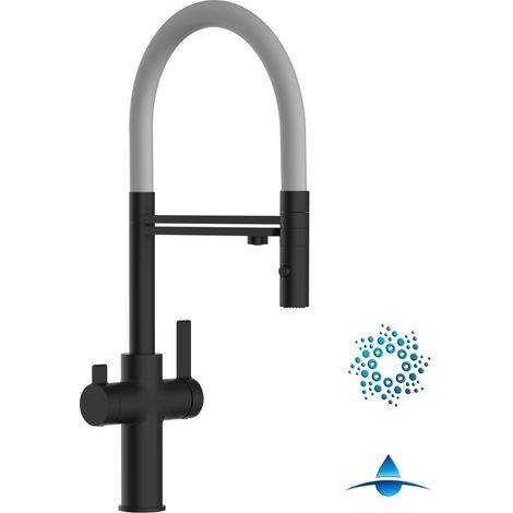 Rubinetto 4 vie miscelatore cucina Nero Opaco con canale separato per acqua filtrata, canna grigia movibile e doccia due getti staccabile - Serie FC (1/5)