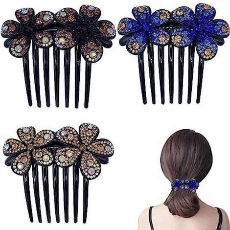Set aus 3 Haarkämmen mit Blumen und Strasssteinen, Brauthaarspangen, Hochzeitshaarschmuck – Blau, Gelb, Helllila (1/5)