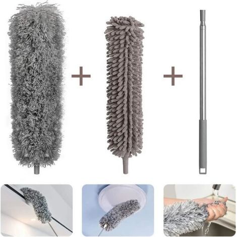 1 Brosse à épousseter, Tête microfibre, Tête chenille, Poteau télescopique inox, Plafonds ventilateurs voiture (1/3)