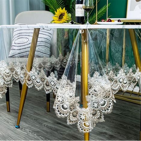 Nappe ronde transparente en plastique, imperméable, en vinyle PVC, avec bordure en dentelle brodée, transparente, 150 cm (1/4)